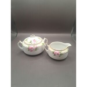 Antique Nippon Porcelain Hand Painted Pink Yellow Purple Roses Sugar Creamer Set